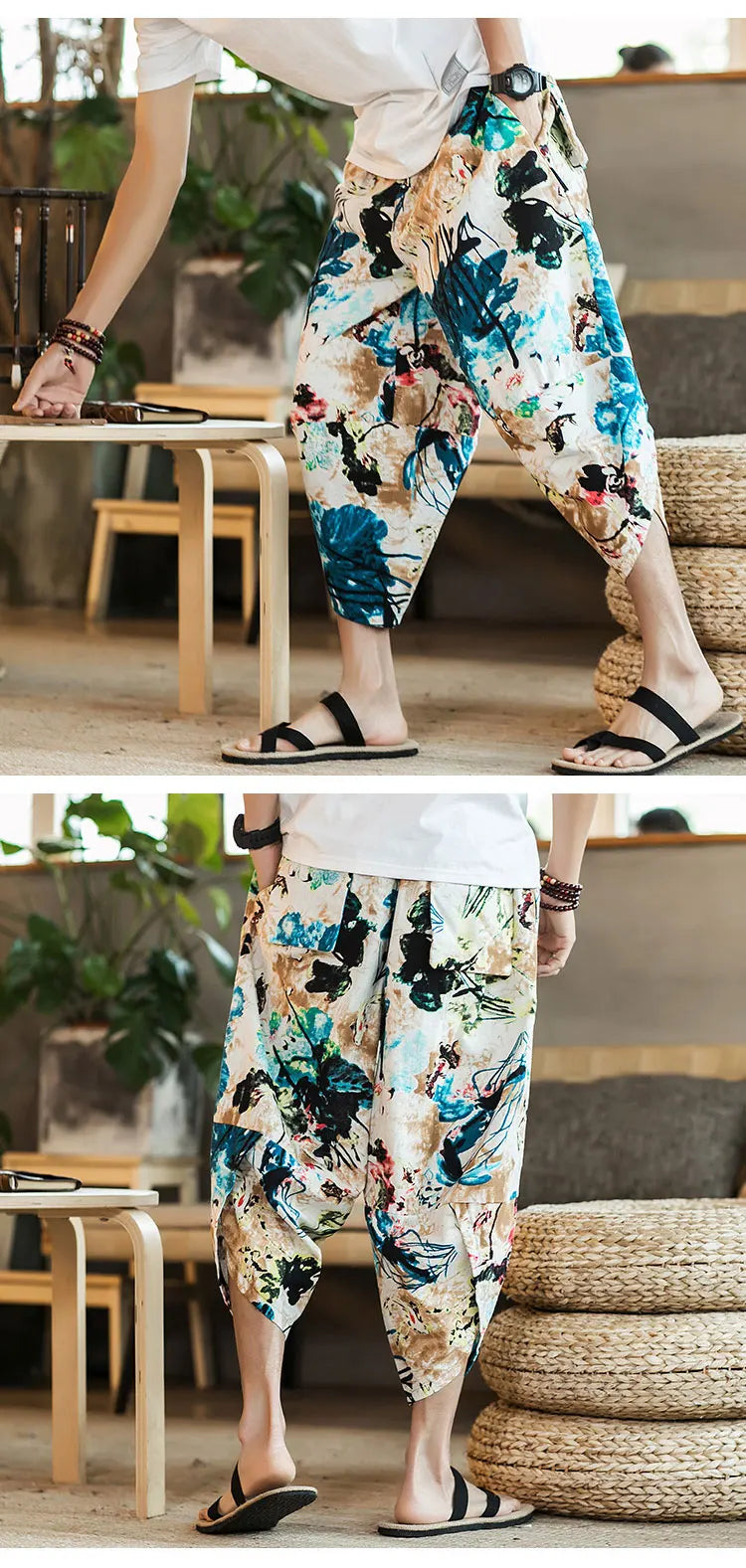 Summer Loose Calf Length Casual Pants for Men 
Wide Leg Cotton Linen Printing Baggy Pants