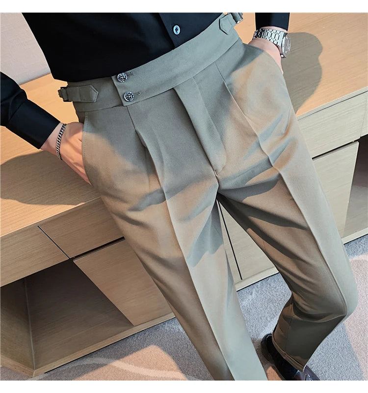 Men Dress Suit Pants, Striped Plaid British Style, High Waist Casual Belt Design 
Slim Trousers, Formal, Office, Social, Wedding, Party