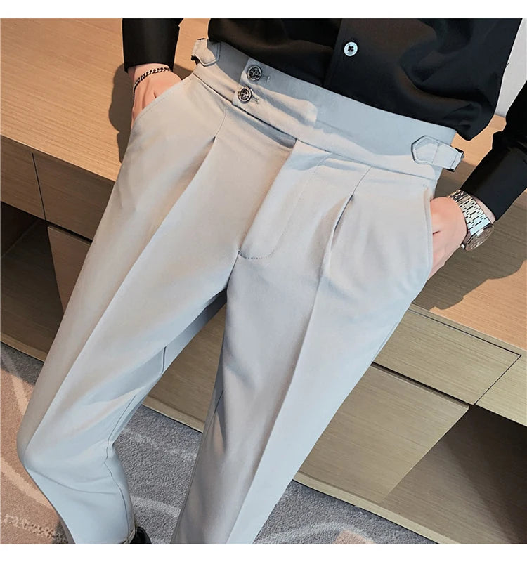 Men Dress Suit Pants, Striped Plaid British Style, High Waist Casual Belt Design 
Slim Trousers, Formal, Office, Social, Wedding, Party