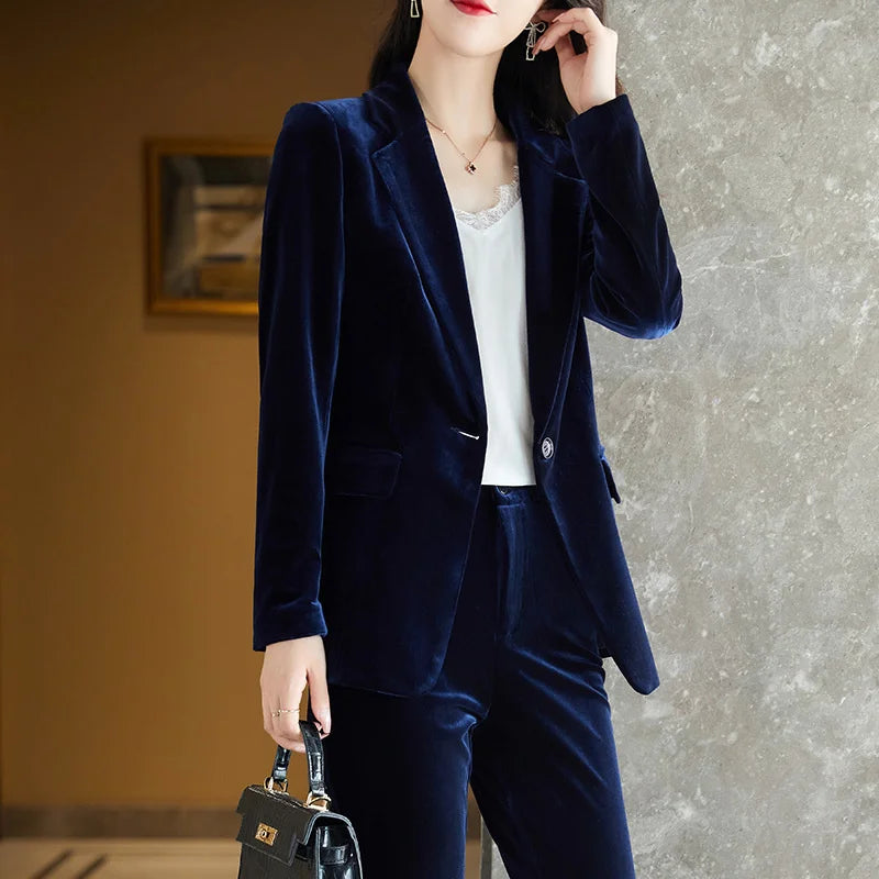 High Quality Fabric Velvet Formal Women Business Suits 
OL Styles Professional Pantsuits