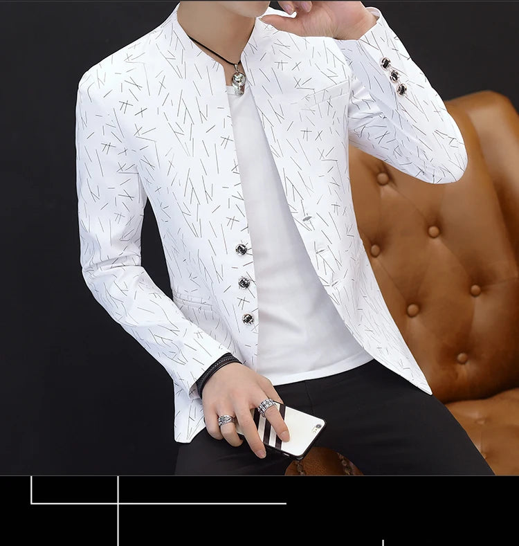 Men Printed Small Suit 
Male Self-cultivation Stand-up Collar Tunic Casual Suit