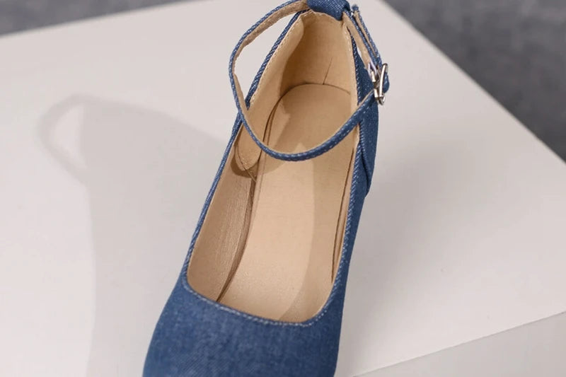 Women Pumps Pointed Toe, 7.5cm Spike Heel, Denim Fabric, Office Ankle Strap