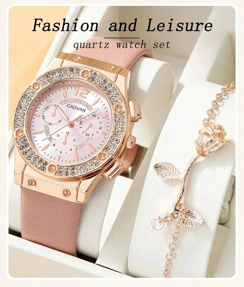 Set Luxury Rhinestone Women Fashion Elegant Wristwatch Quartz Watch