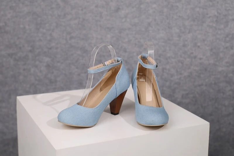 Women Pumps Pointed Toe, 7.5cm Spike Heel, Denim Fabric, Office Ankle Strap