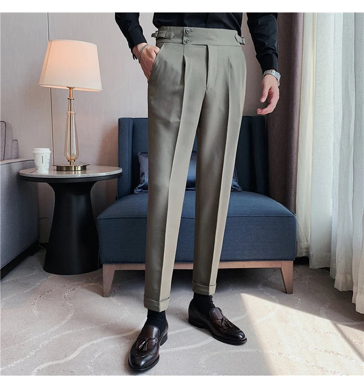 Men Dress Suit Pants, Striped Plaid British Style, High Waist Casual Belt Design 
Slim Trousers, Formal, Office, Social, Wedding, Party