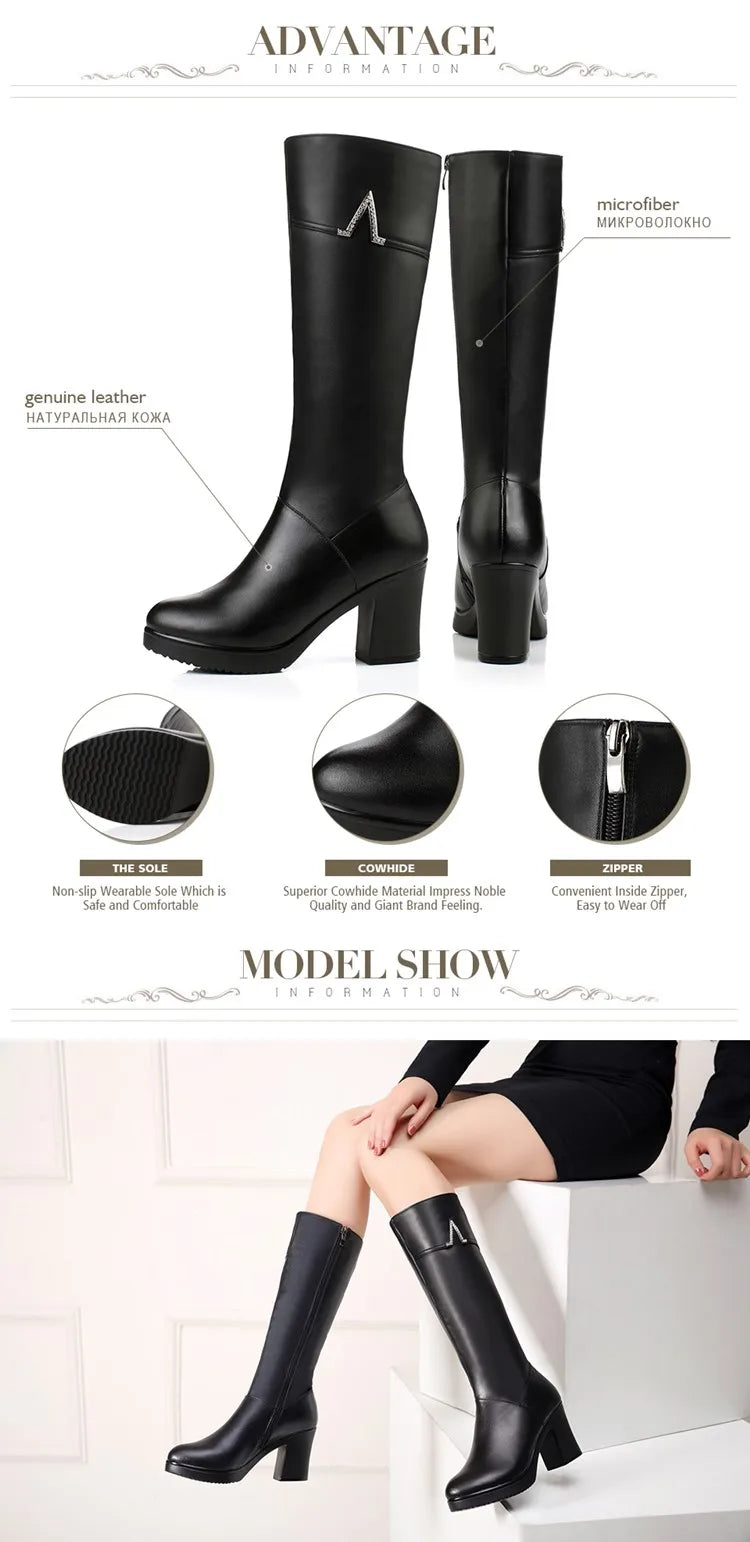 New Winter with Genuine Leather Boots for Women 
High Heeled Mid Calf Women Long Boots