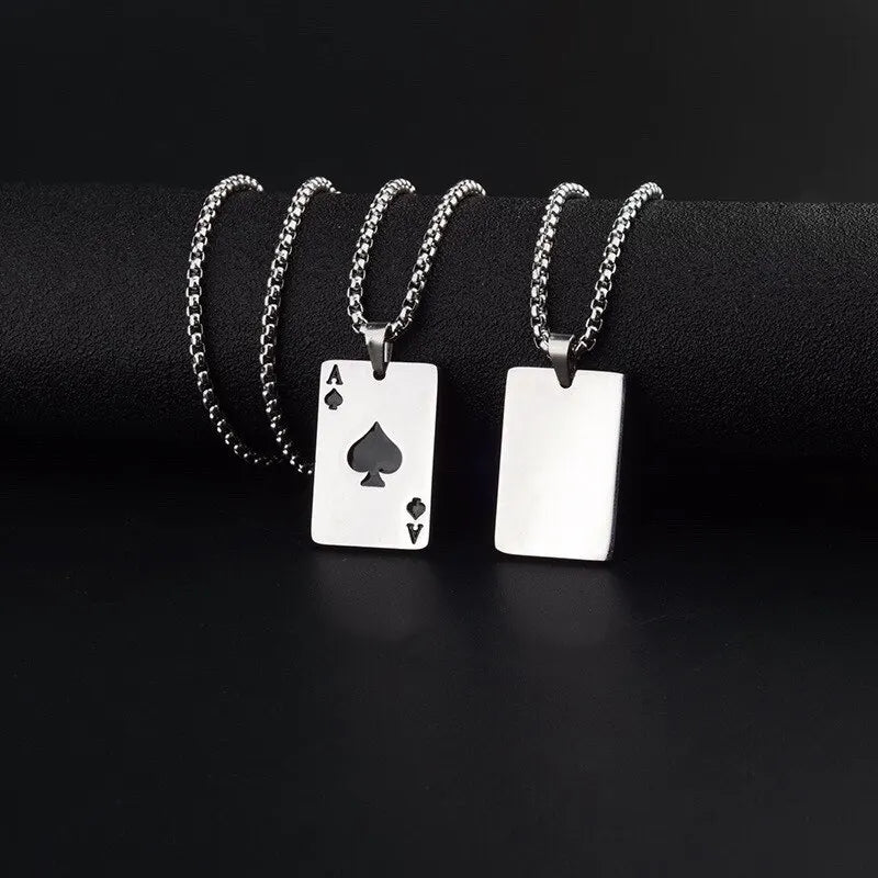 2 Piece Set Hip Hop Statement Stainless Steel Poker 
Card style Ace of Spades Necklace For Women & Men 
Pendant Chain Playing Cards Jewelry