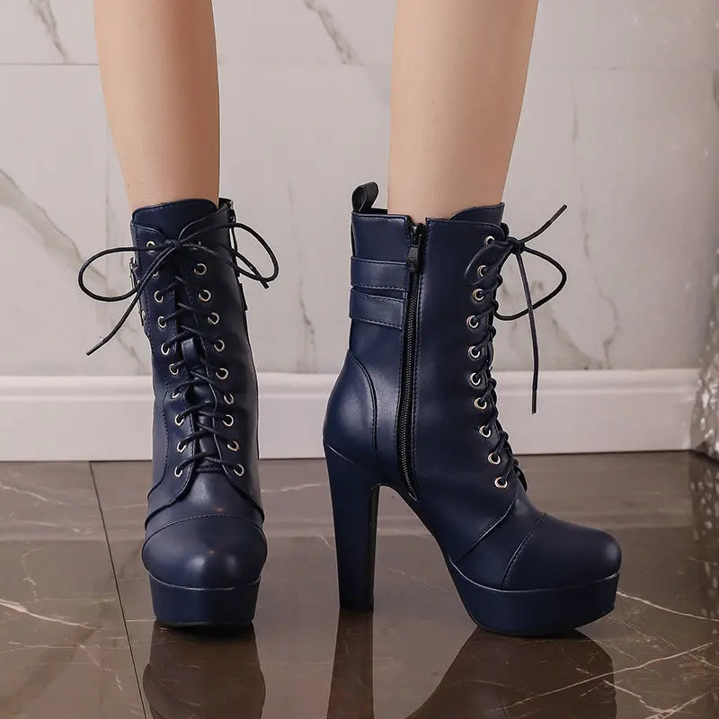 Women Boots with Round Toe, Chunky High Heels 12cm, Platform, 2.5cm Zipper
 Lace Up Belt Buckles