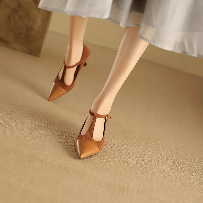 Women Pumps T-strap Thin High Heels 7.5cm, Pointed Toe Shoes