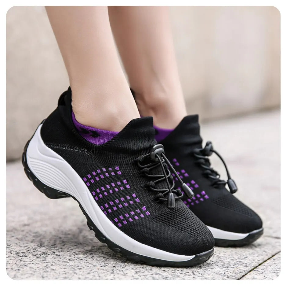 Women Fashion Sneaker for Walking, Fitness, Sport 
Chunky Platform Height Increasing Breathable Loafers Elastic Lady Trainers