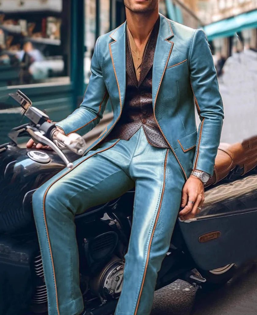 Men Suit Slim Fit Blazer & Pants 2 Pcs Set Contrast Trim Notch Lapel
PU Leather Jacket Male Business Casual Prom Suit Moto style