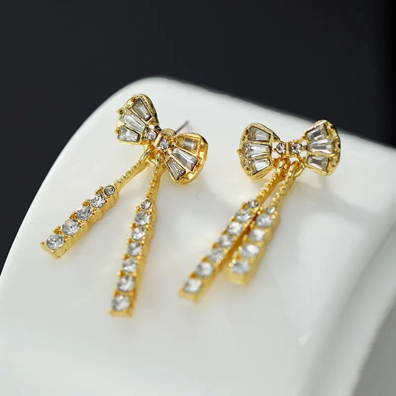 Gold-Color Shiny Bow Dangle Earrings