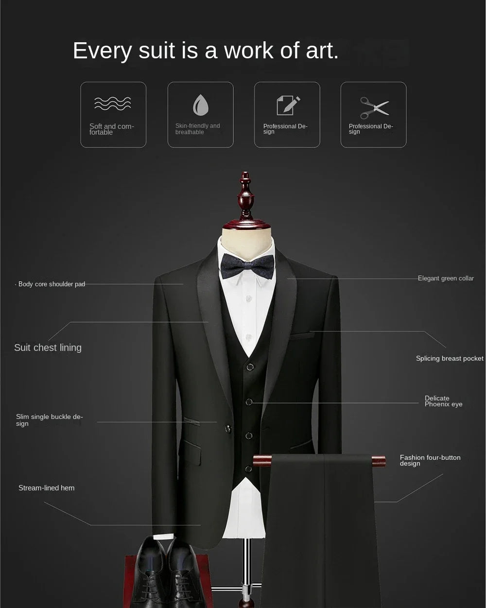 High Quality Men Suit, 3 Pieces Set  
Elegant Blazers Shawl Collar