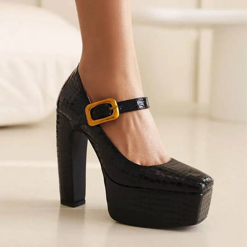 Female Pumps Square Toe Block Heel 13.5cm Platform 5cm