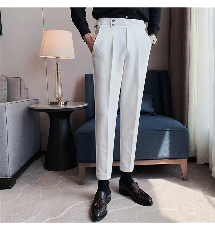 Men Dress Suit Pants, Striped Plaid British Style, High Waist Casual Belt Design 
Slim Trousers, Formal, Office, Social, Wedding, Party