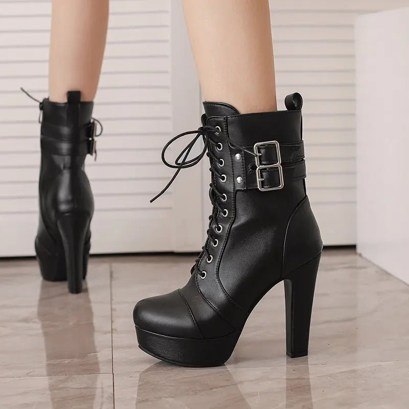 Women Boots with Round Toe, Chunky High Heels 12cm, Platform, 2.5cm Zipper
 Lace Up Belt Buckles