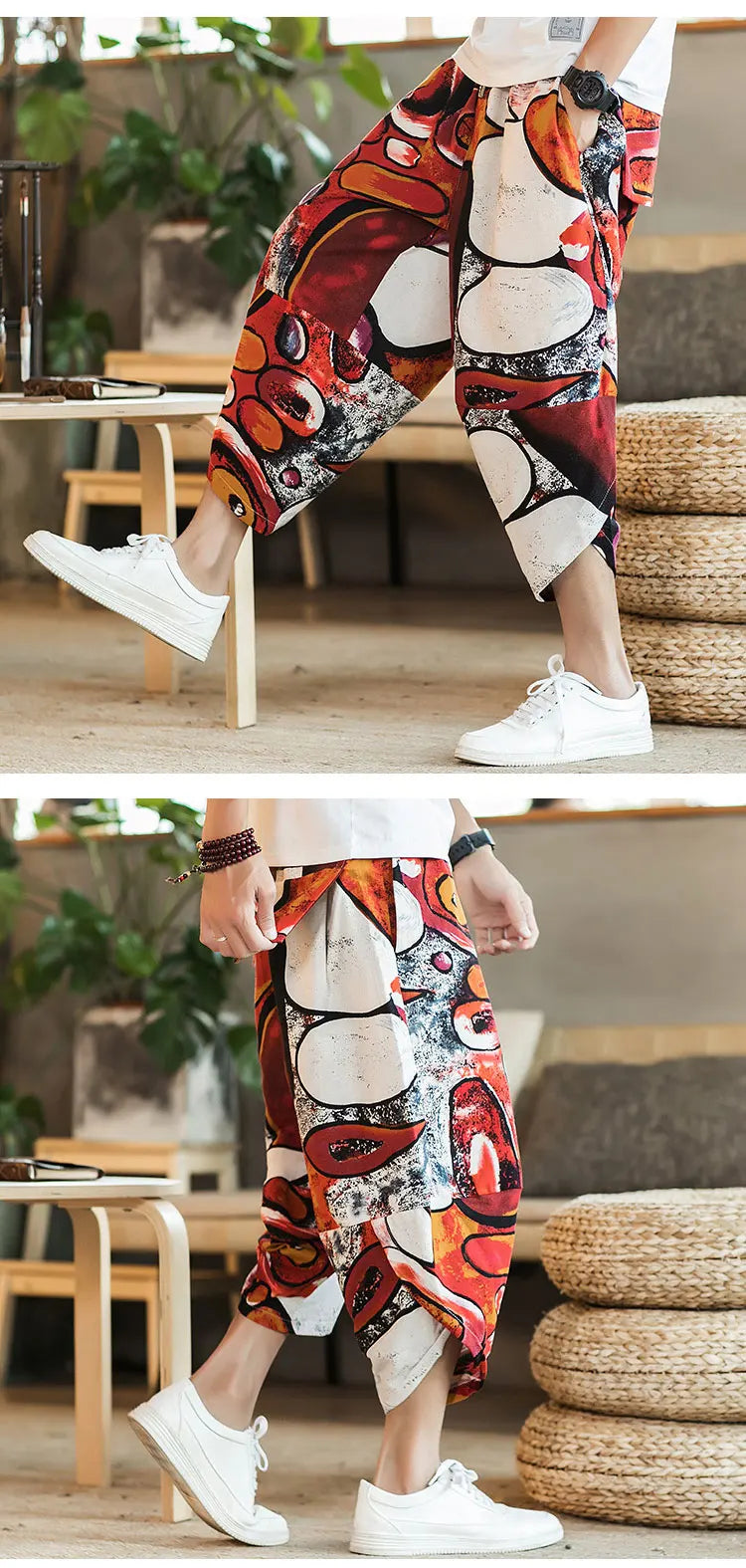 Summer Loose Calf Length Casual Pants for Men 
Wide Leg Cotton Linen Printing Baggy Pants