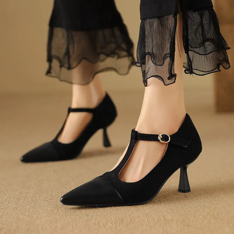 Women Pumps T-strap Thin High Heels 7.5cm, Pointed Toe Shoes