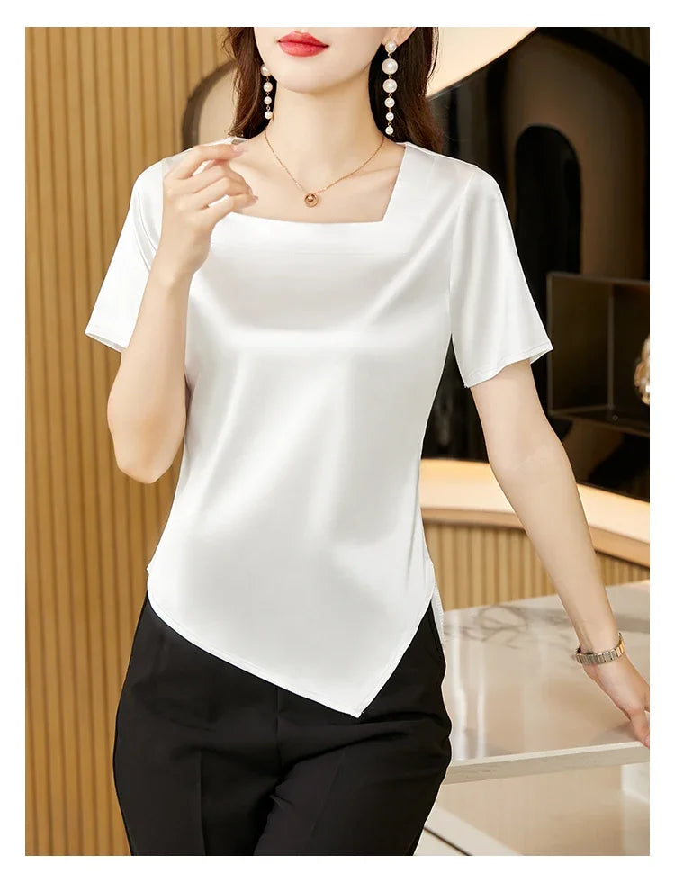 Satin Blouse with Square Collar