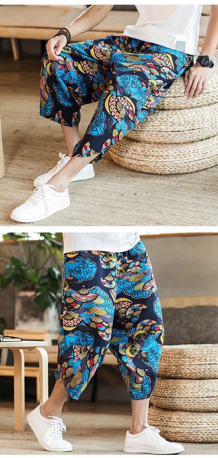 Summer Loose Calf Length Casual Pants for Men 
Wide Leg Cotton Linen Printing Baggy Pants