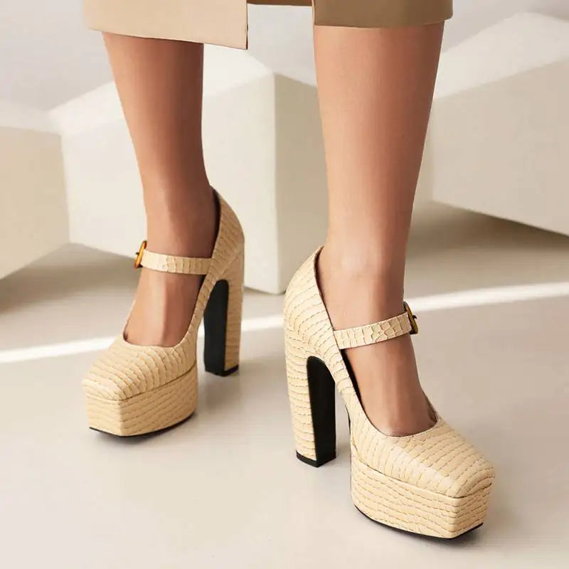 Female Pumps Square Toe Block Heel 13.5cm Platform 5cm