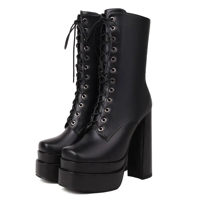 Ladies Mid Calf Boots 18cm with Square Toe, Block Heels 14cm
Double Platform 5cm, Zipper Lace Up Female Booties