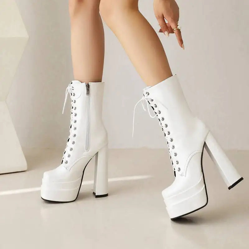 Ladies Mid Calf Boots 18cm with Square Toe, Block Heels 14cm
Double Platform 5cm, Zipper Lace Up Female Booties