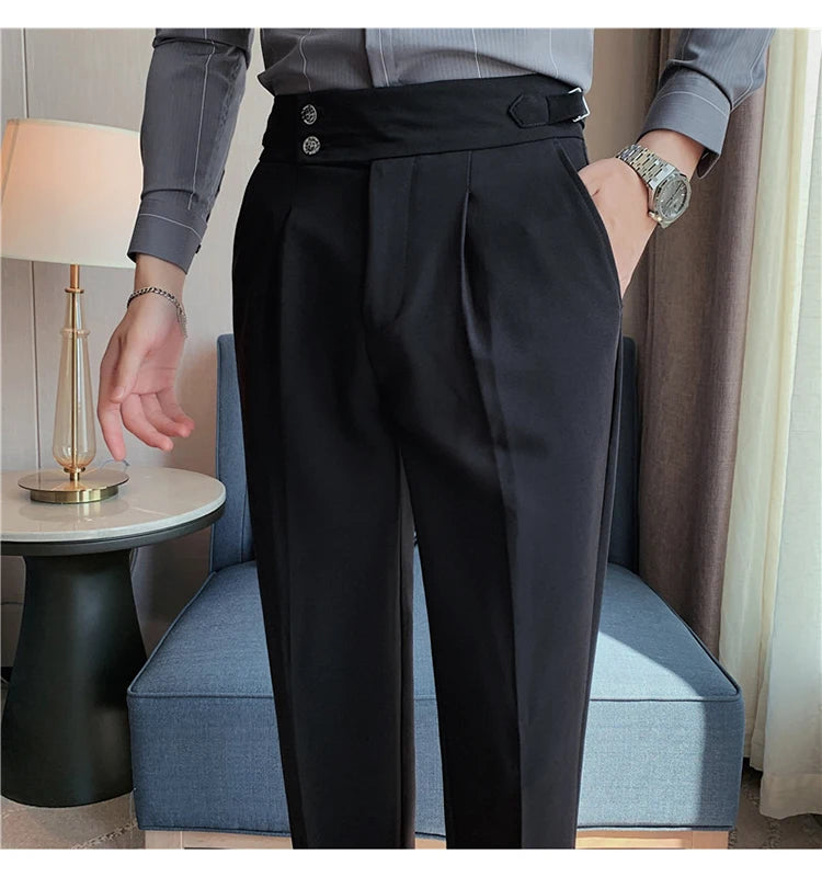 Men Dress Suit Pants, Striped Plaid British Style, High Waist Casual Belt Design 
Slim Trousers, Formal, Office, Social, Wedding, Party