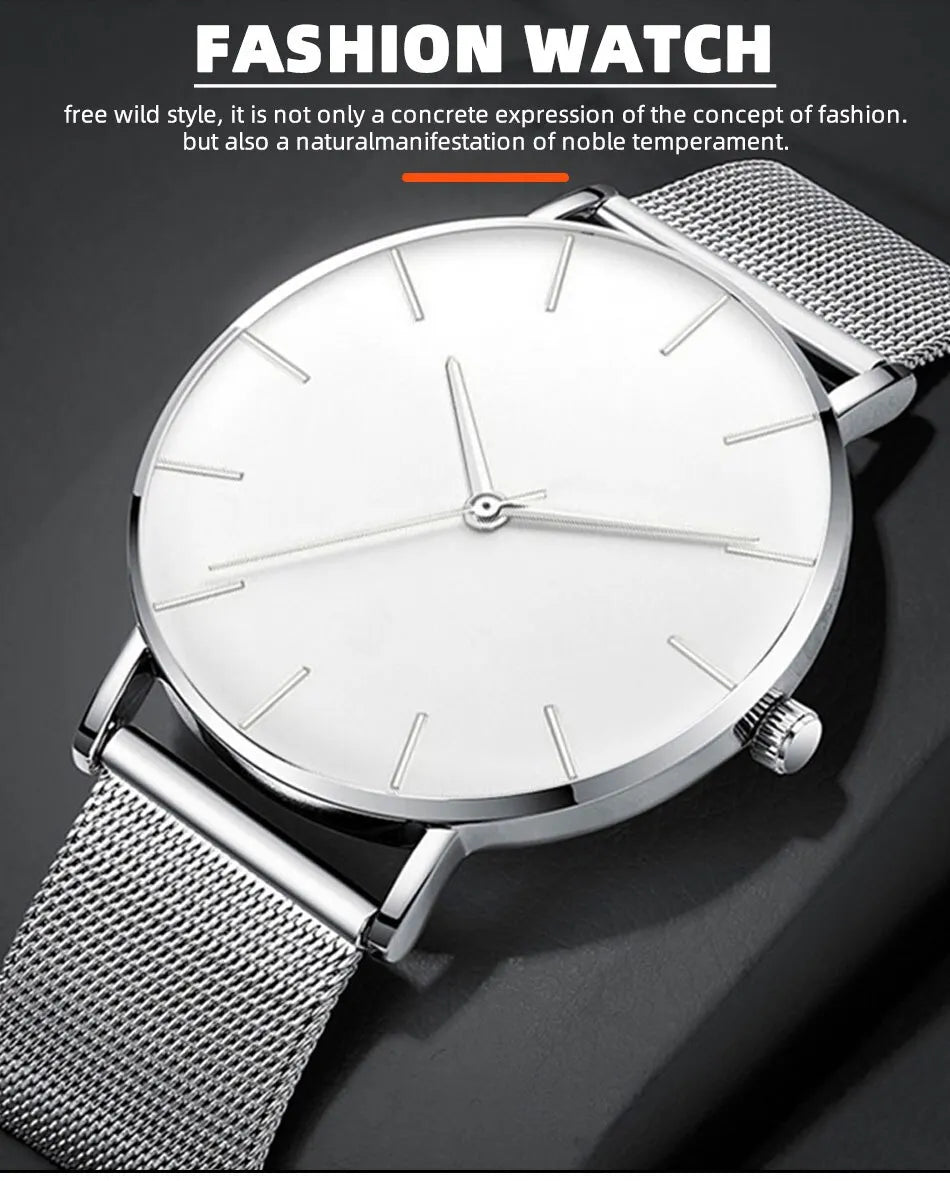 Luxury Minimalist Ultra Thin Watches 
Simple Men Business Stainless Steel, Mesh Belt 
Quartz Casual Watch