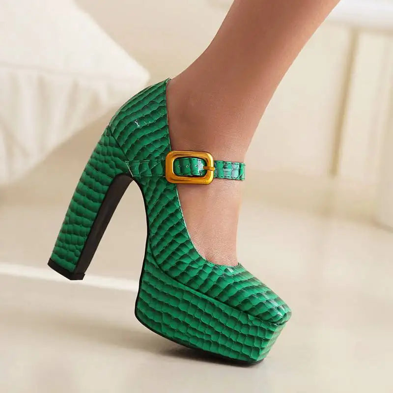 Female Pumps Square Toe Block Heel 13.5cm Platform 5cm