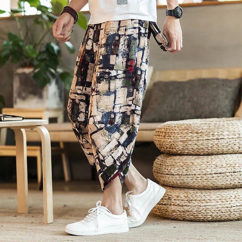 Summer Loose Calf Length Casual Pants for Men 
Wide Leg Cotton Linen Printing Baggy Pants