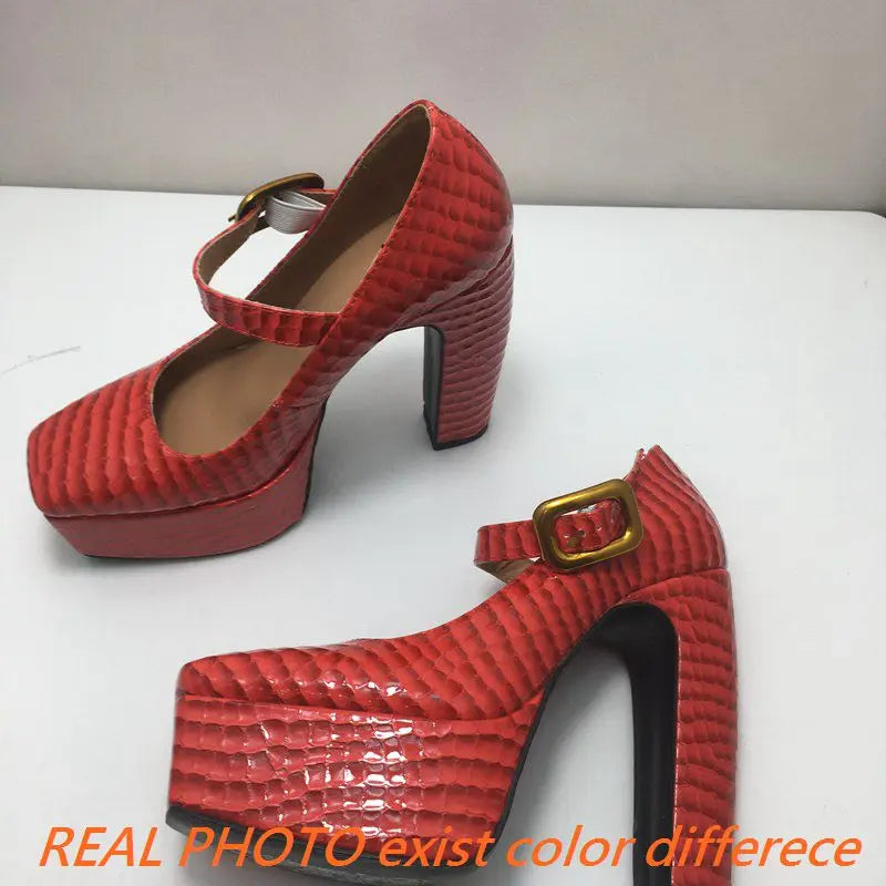 Female Pumps Square Toe Block Heel 13.5cm Platform 5cm