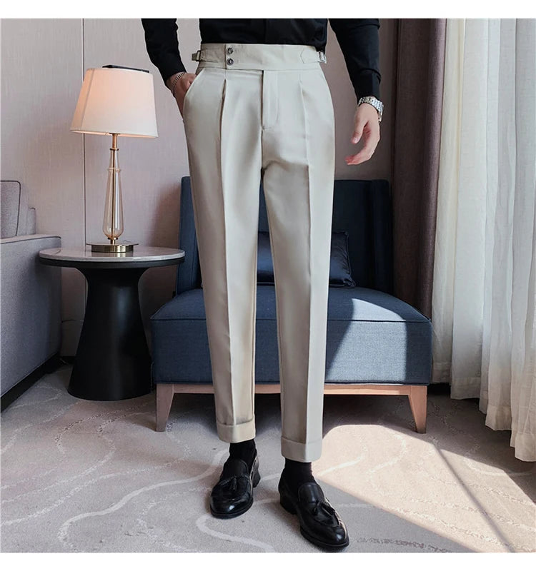 Men Dress Suit Pants, Striped Plaid British Style, High Waist Casual Belt Design 
Slim Trousers, Formal, Office, Social, Wedding, Party