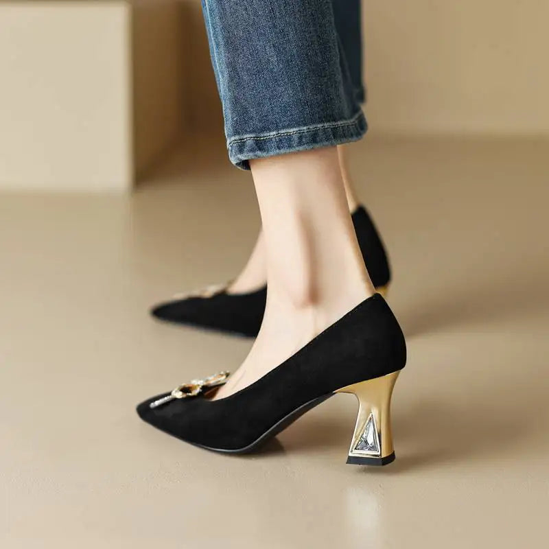 Design Shoes Women Pumps Flock Suede Pointed Toe Block High Heels 7cm