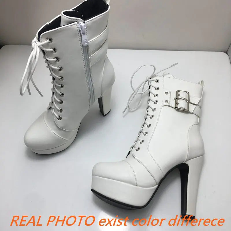 Women Boots with Round Toe, Chunky High Heels 12cm, Platform, 2.5cm Zipper
 Lace Up Belt Buckles