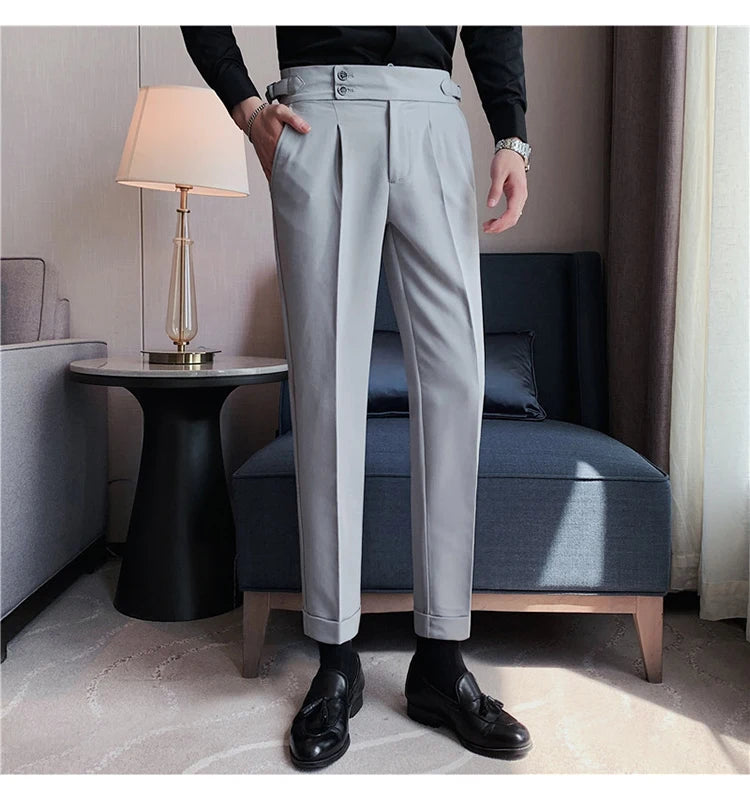 Men Dress Suit Pants, Striped Plaid British Style, High Waist Casual Belt Design 
Slim Trousers, Formal, Office, Social, Wedding, Party