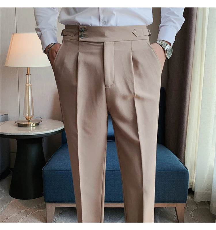 Men Dress Suit Pants, Striped Plaid British Style, High Waist Casual Belt Design 
Slim Trousers, Formal, Office, Social, Wedding, Party