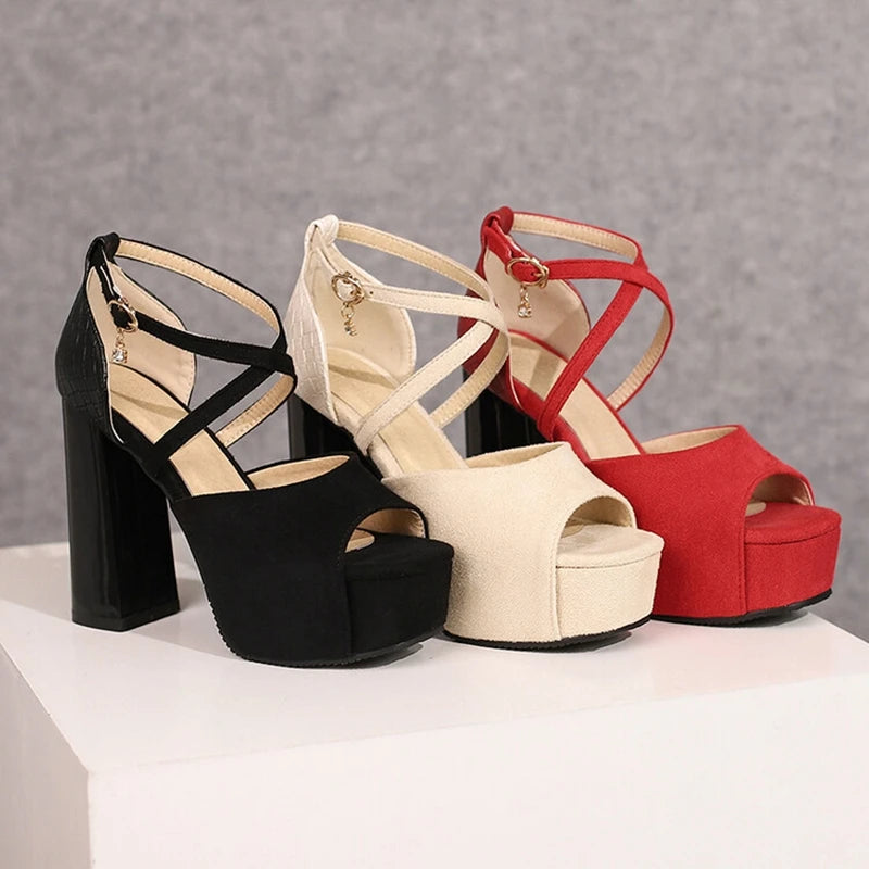 Elegant Open Toe Women Sandals 12cm Thick Block Heel 4cm Platform Buckles Cross Strap