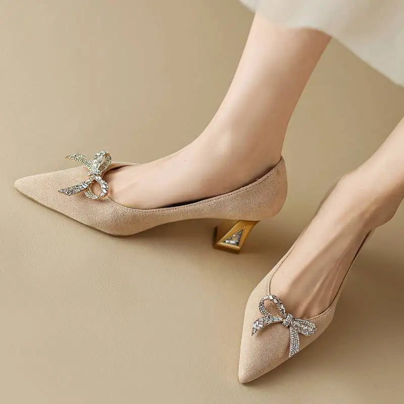 Design Shoes Women Pumps Flock Suede Pointed Toe Block High Heels 7cm