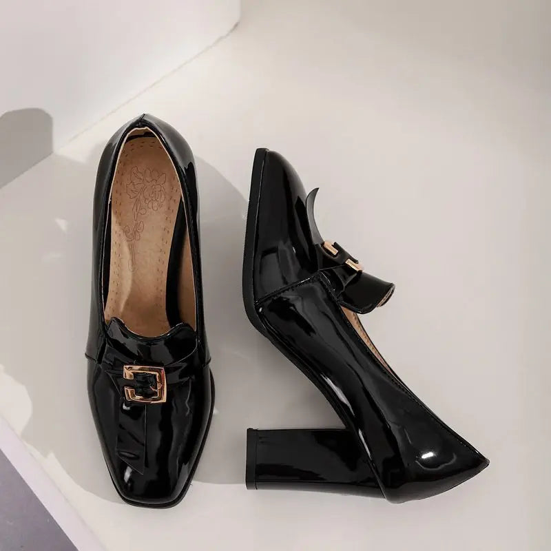 Women Pumps Square Toe, Block Heel
easy Slip-on with Shallow Metal Decoration