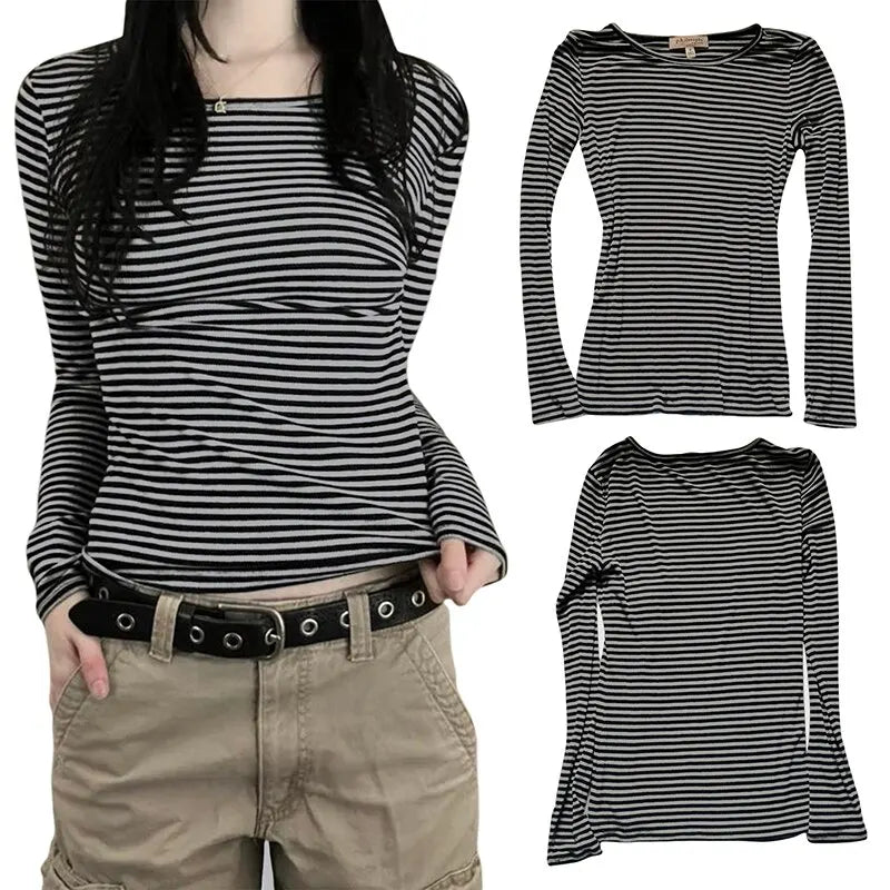 Women T-shirt Long Sleeve, Crew Neck 
Striped Fall Slim Fit Ladies Casual Tops