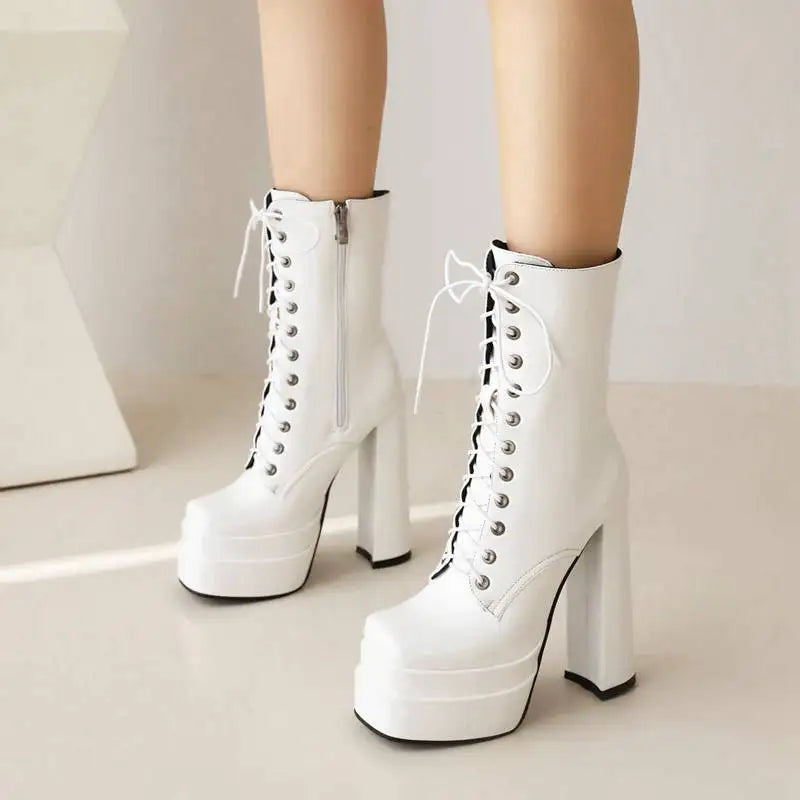 Ladies Mid Calf Boots 18cm with Square Toe, Block Heels 14cm
Double Platform 5cm, Zipper Lace Up Female Booties