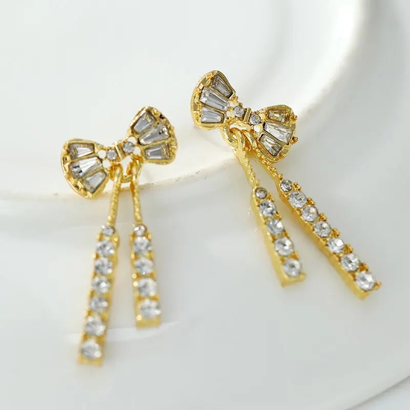 Gold-Color Shiny Bow Dangle Earrings