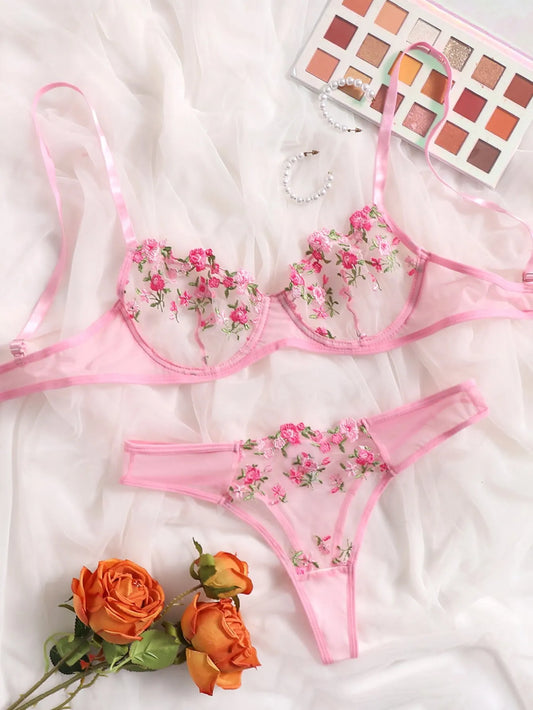 2 Pieces Lingerie Set with Floral Embroidery