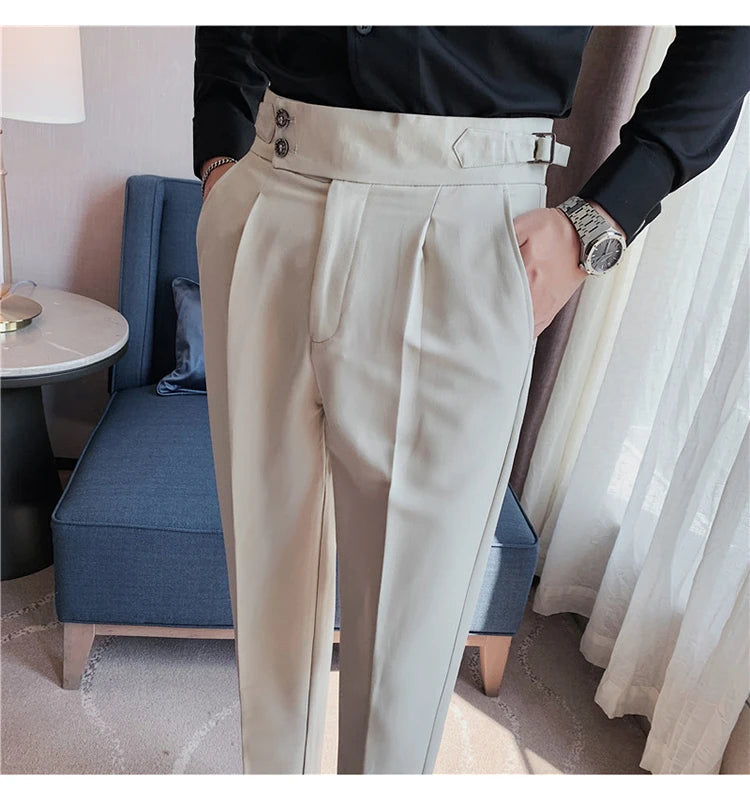 Men Dress Suit Pants, Striped Plaid British Style, High Waist Casual Belt Design 
Slim Trousers, Formal, Office, Social, Wedding, Party