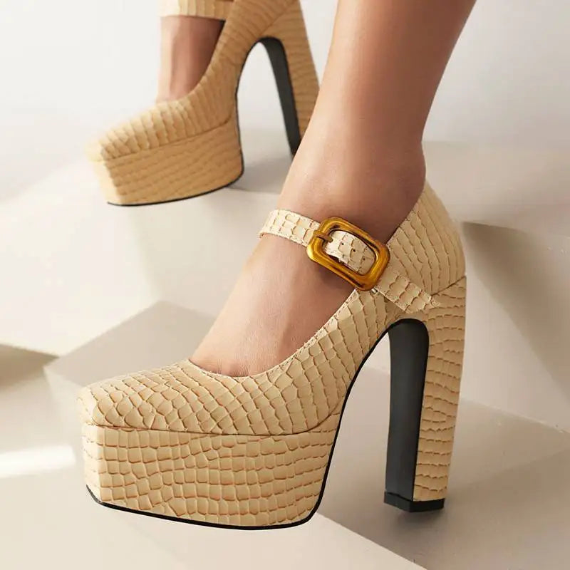 Female Pumps Square Toe Block Heel 13.5cm Platform 5cm