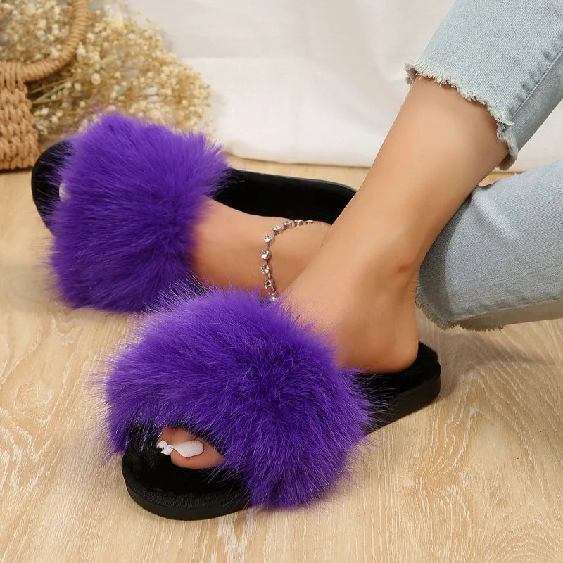 Winter Women's Fashion Fur Slippers 
Fluffy & Cute Plush Women's Luxury Outdoor Anti Slip Durable Flat Bottom Slippers