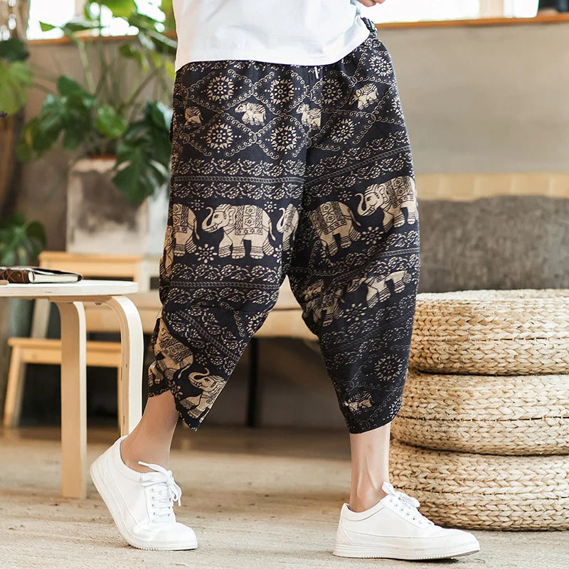 Summer Loose Calf Length Casual Pants for Men 
Wide Leg Cotton Linen Printing Baggy Pants