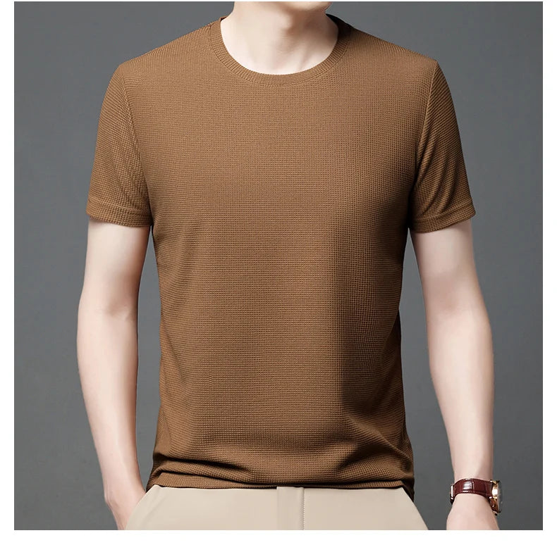 New Summer Waffle Round Neck Short Sleeved T-shirt for Men's