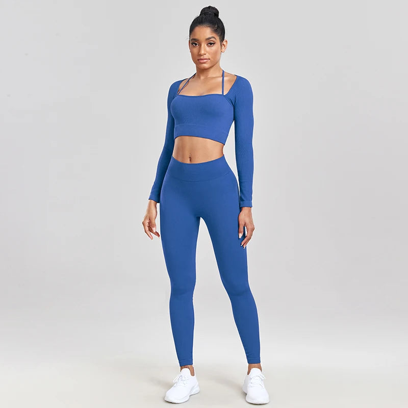 Ribbed Gym Set for Women 
Knitted Yoga Set for ladies with High Waist, Raises Butt, Push Up Long Sleeve Suit